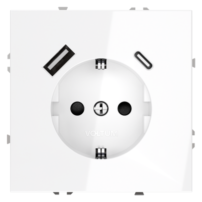 Розетка встраиваемая VOLTUM S70 с заземлением и защитными шторками, 16А, с USB, A+С, (белый глянцевы