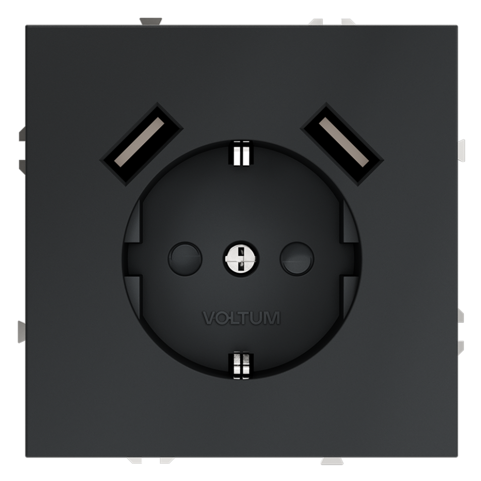 Розетка встраиваемая VOLTUM S70 с заземлением и защитными шторками, 16А, с USB, A+A, (графит)