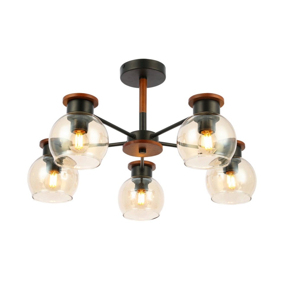 SLE108102-05 Светильник потолочный Черный, Темное дерево/Прозрачный, Янтарный E27 5*60W