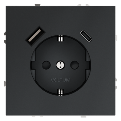 Розетка встраиваемая VOLTUM S70 с заземлением и защитными шторками, 16А, с USB, A+С, (графит)
