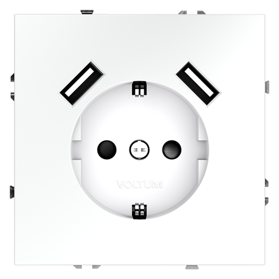 Розетка встраиваемая VOLTUM S70 с заземлением и защитными шторками, 16А, с USB, A+A, (белый матовый)