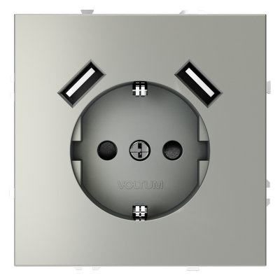 Розетка встраиваемая VOLTUM S70 с заземлением и защитными шторками, 16А, с USB, A+A, (сталь)