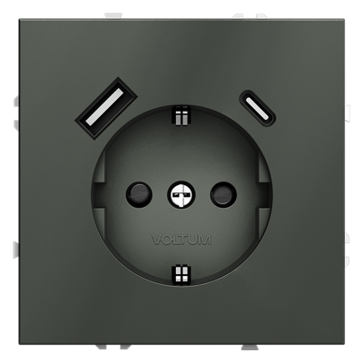 Розетка встраиваемая VOLTUM S70 с заземлением и защитными шторками, 16А, с USB, A+С, (титан)